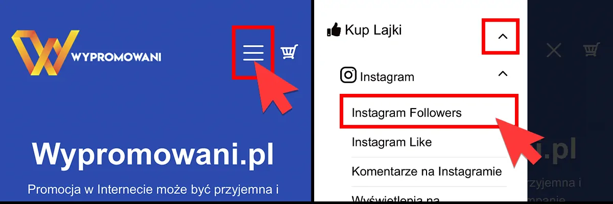 kupowanie obserwujących na instagramie, wybór usługi z menu (smartfon)